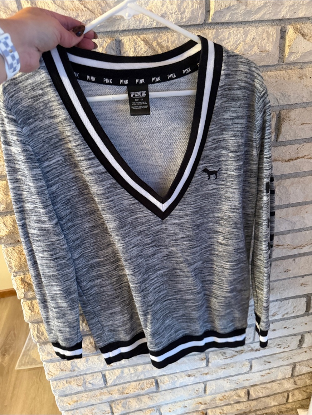 PINK Victoria's Secret Grey Marled V-Neck Sweater with Black & White Trim